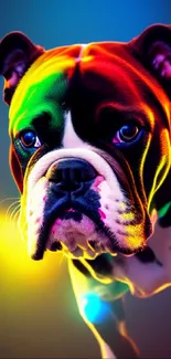 Vibrant bulldog illuminated with colorful neon light art.