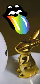 Golden bunny with rainbow splash and polka dots design.