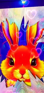 Colorful wallpaper featuring a vibrant bunny with heart motifs.