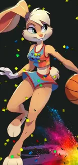 Cartoon bunny playing basketball with a vibrant, colorful splash on a dark background.