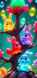 Colorful bunnies on a tree in a fantasy scene.