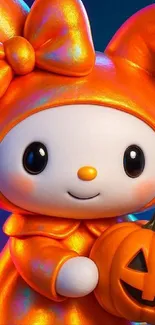 Colorful cartoon bunny in Halloween costume holding a pumpkin.