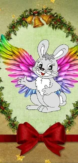 Colorful bunny with rainbow wings and festive wreath.