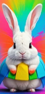 Adorable white bunny with a vibrant rainbow background.