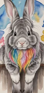 Colorful bunny with rainbow mane on watercolor background.