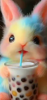 Colorful bunny sipping bubble tea.
