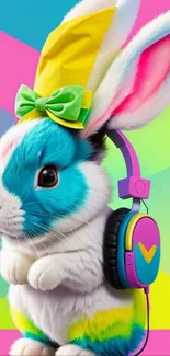 Colorful bunny with headphones on a vibrant background.