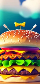 Vibrant artistic burger wallpaper with lettuce and cheese.