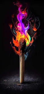 Vibrant multi-colored flame on a matchstick with a dark background.