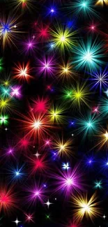 Colorful burst with vibrant stars on a dark mobile wallpaper.