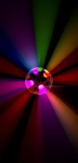 Abstract wallpaper with colorful light rays from a central sphere on a dark background.