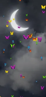 Colorful butterflies against a moonlit cloudy sky wallpaper.