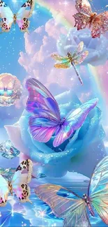 Whimsical wallpaper with butterflies, blue rose, and rainbow in a dreamy sky.