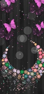 Vibrant wallpaper with purple butterflies and colorful beads on black.