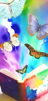 Colorful butterflies flying from an open book with a rainbow background.