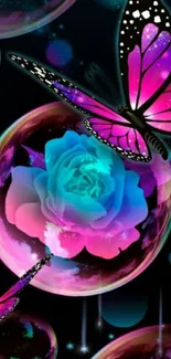 Vibrant artwork with butterflies and glowing bubbles on a black background.