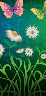 Vibrant green wallpaper with butterflies and daisies illustration.