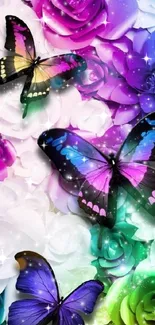 Colorful butterflies flying over vibrant flowers on wallpaper.