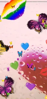 Colorful butterflies and hearts wallpaper with pink background.