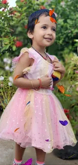 Girl in pink dress with butterflies in a garden wallpaper.