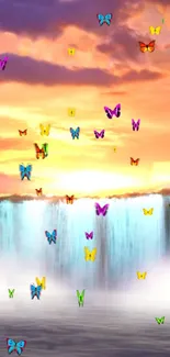 Butterflies flying over a waterfall at sunset with vibrant colors.