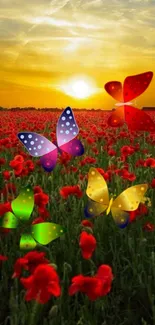 Colorful butterflies fluttering over a field of red flowers at sunset.