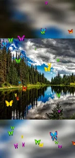 Colorful butterflies over a serene forest lake with clouds.