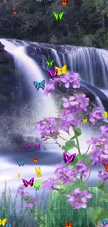 Colorful butterflies around purple flowers by a waterfall.