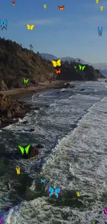 Colorful butterflies adorn a scenic coastline with waves.