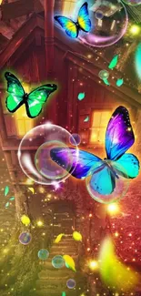 Colorful butterflies hover around a magical cabin in a fantasy setting.