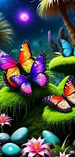 Colorful butterflies in a fantasy garden at night.