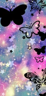 Colorful galaxy wallpaper with butterflies and stars.