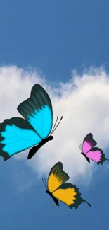 Vibrant butterflies fluttering against a bright cloud-filled blue sky.