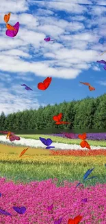 Colorful butterflies fluttering above a vibrant flower field under blue skies.