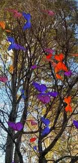 Colorful butterflies flitting around forest trees, bright and vibrant.