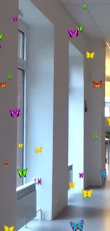 Vibrant butterflies flutter in a serene hallway setting.