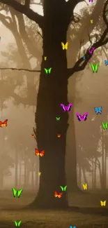 Colorful butterflies fluttering in a misty forest with tree silhouettes.