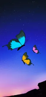 Three colorful butterflies against a starry night sky.