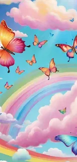 Colorful butterflies and rainbow in a bright sky.