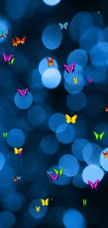 Colorful butterflies on a blue bokeh background wallpaper.