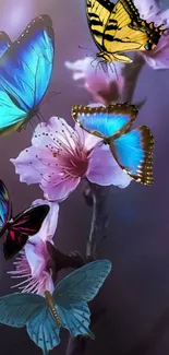 Vibrant butterflies on blossoming purple flowers.