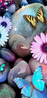 Vibrant butterflies and daisies on colorful stones.