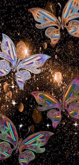 Whimsical metallic butterflies float in a glittering starry night sky wallpaper.