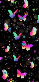 Vibrant butterflies with rainbow colors on a black starry wallpaper.