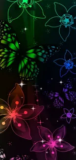 Vibrant mobile wallpaper with butterflies and flowers on a dark background.