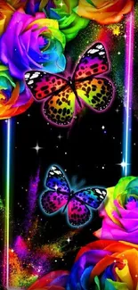 Colorful butterflies and roses on dark background.