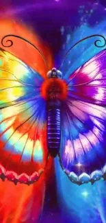 Vibrant butterfly with colorful wings in abstract art style on mobile wallpaper.