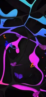 Vibrant neon butterfly abstract wallpaper with dynamic shapes on a black background.