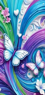 Colorful abstract wallpaper with butterflies and flowers.