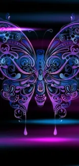 Intricate neon butterfly design on a dark background, perfect for mobile wallpaper.